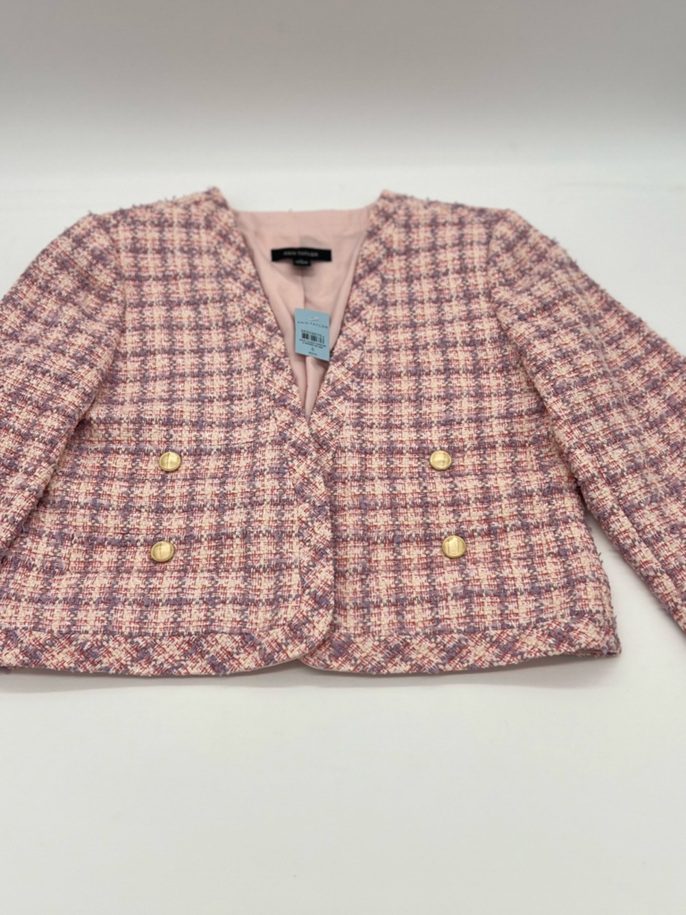 Ann Taylor Women’s Confetti Purple Pink Tweed Fringe Button Blazer 6 Petite NEW
